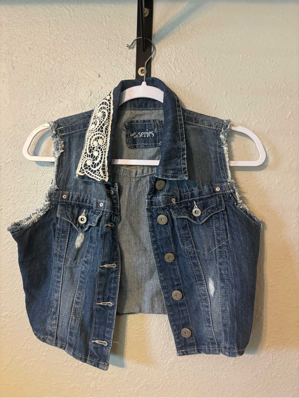 Women’s Washed Blue Denim Vest with Lace Trim